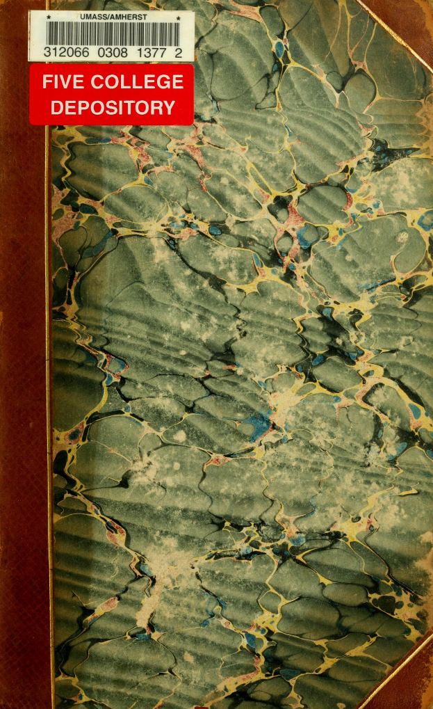 Ein Buch mit marmoriertem Einband und einem Barcode, betitelt mit "Five College Depository".