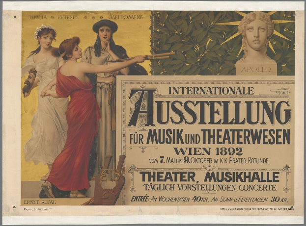 Plakat für die Musik- und Theaterausstellung in Wien 1892, das eine Gruppe von Menschen im Kreis mit einer Frau in der Mitte, die ein Musikinstrument hält, und Texteventdetails zeigt.