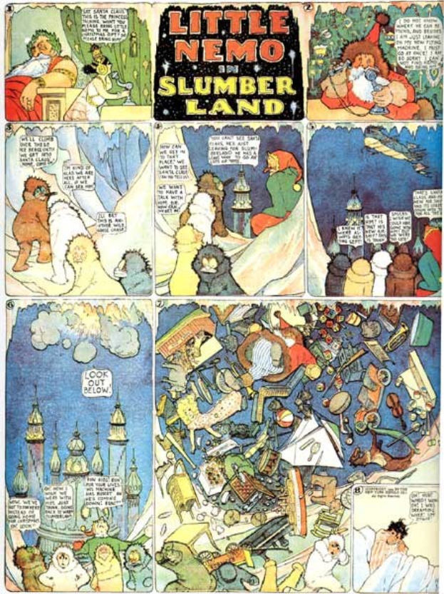 Ein buntes Plakatcollage mit Cartoons und Texten aus der Comicreihe Little Nemo und Slumberland, gezeichnet im Stil von Slumberland mit leuchtenden Farben und fetter Typografie.