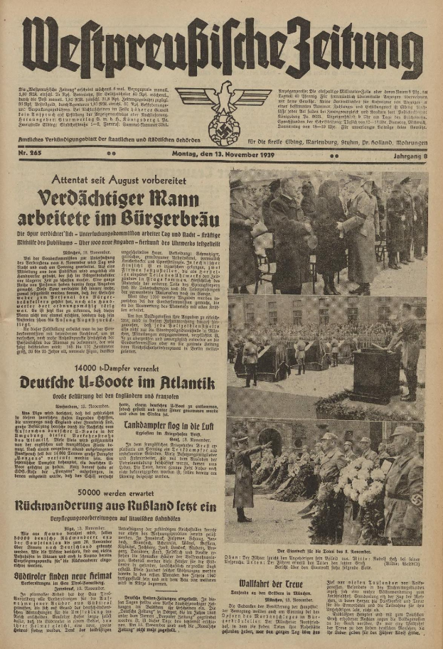 Schwarze und weiße Titelseite einer deutschen Zeitung vom 13. November 1939 mit der Schlagzeile "Weitpreubliche Zeitung" und einem Foto von Menschen in traditioneller deutscher Kleidung in einer feierlichen Atmosphäre.
