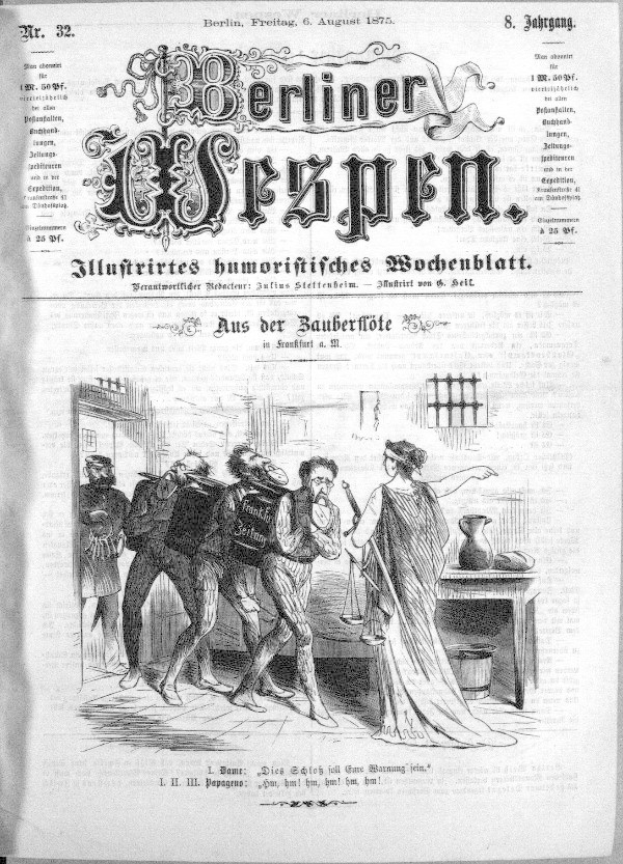 Schwarze und weiße Zeitung vom "Berliner Wespen, 6. August 1875" mit einer Gruppe von Menschen in Not, einige schauen ängstlich hoch und andere verwirrt nach unten.