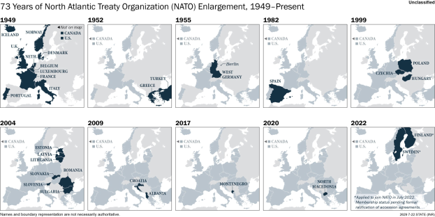 Eine Zeitleiste, die die NATO-Erweiterung von 1949 bis heute zeigt, mit Regionen, die farblich nach dem Beitrittsjahr unterteilt sind.