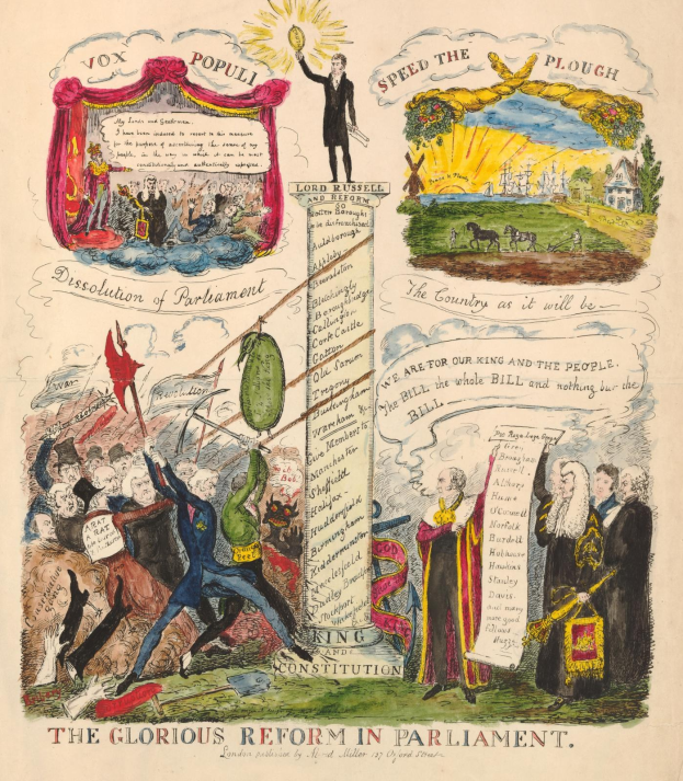 Eine bunte Papierreform-Illustration mit diversen lächelnden Menschen und fettem Text.