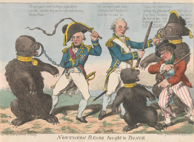 Ein Cartoon auf Papier, der eine Gruppe lachender Menschen und tanzender Tiere zeigt, mit der Aufschrift "Northern Bears Laugh to Dance" oben drauf.