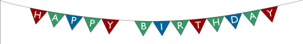 Glückwunschbanner mit roten, grünen und blauen Fähnchen, die an einer Schnur hängen und "Happy Birthday" in weißer Schrift auf weißem Hintergrund zeigen.