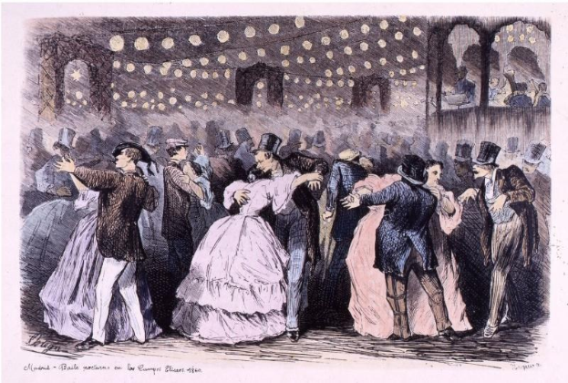 Gruppe von Menschen, die in einem Ballsaal tanzen, mit beleuchteten Wänden und Text 'Madame Baille Nacional en la Campagne Bleuet, 1860' unten.