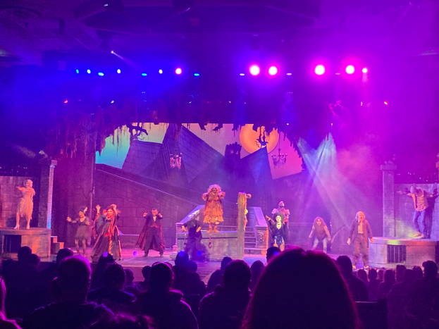 Eine Gruppe von Menschen in Kostümen steht auf einer Bühne unter hellen Scheinwerfern, mit einem Publikum davor und einer Wand im Hintergrund, was auf eine Aufführung des Musicals Wicked hinweist.