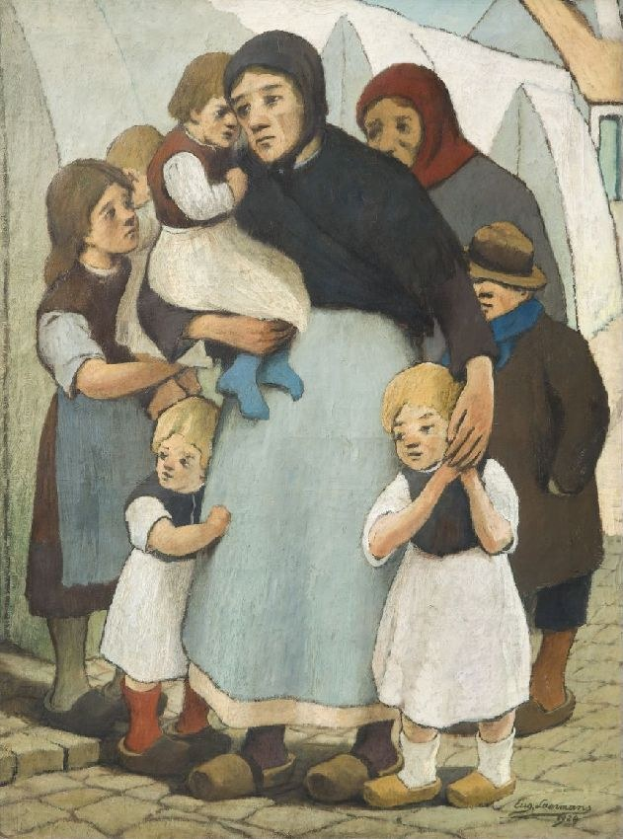 Ein Gemälde mit dem Titel "Mutter und Kinder" von Eugène Delacroix, das eine Frau zeigt, die ein Baby in den Armen hält und von einer Gruppe von Menschen umgeben ist, mit einem Haus, einem Baum und einem bewölkten Himmel im Hintergrund.