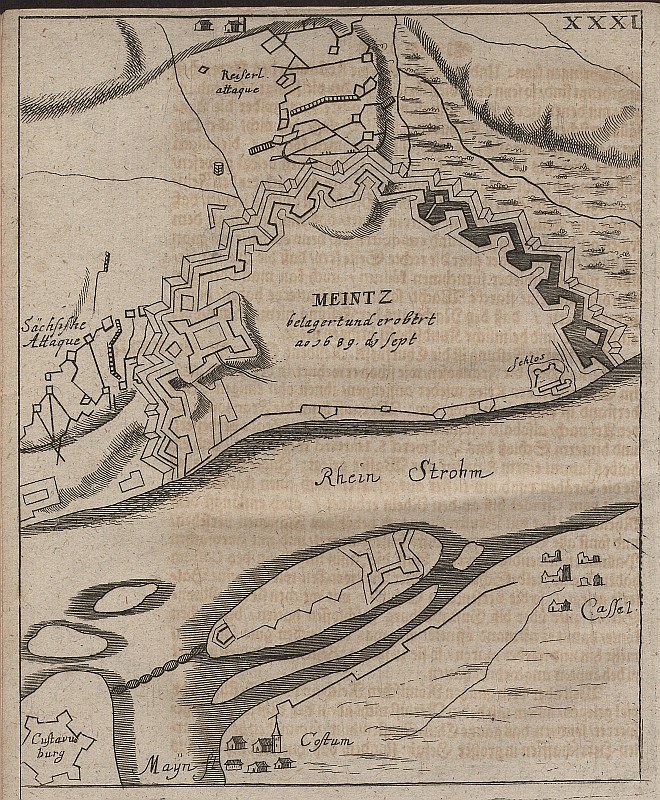 Alte detaillierte Karte von Meintz, Deutschland, mit Straßen, Gebäuden, Sehenswürdigkeiten und Text mit Bevölkerungsangaben, Lage und historischen Informationen.