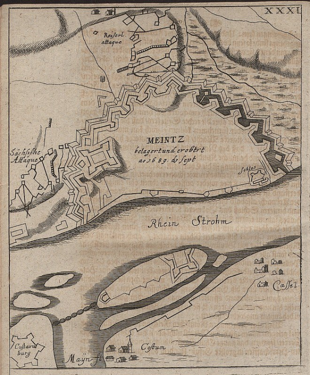 Alte detaillierte Karte von Meintz, Deutschland, mit Straßen, Gebäuden, Sehenswürdigkeiten und Text mit Bevölkerungsangaben, Lage und historischen Informationen.