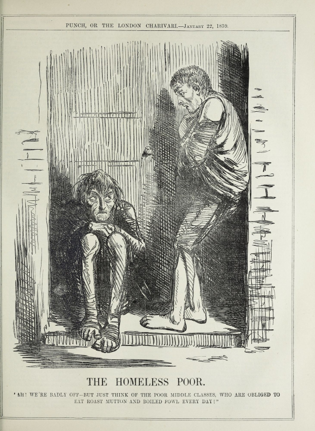 Eine Zeitung mit einer Zeichnung von zwei Personen, wobei eine sitzt und eine steht, mit der Aufschrift "Die Obdachlosen"