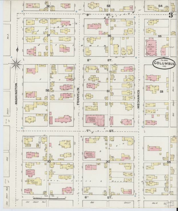 Ausführliche alte Karte von Columbus, Ohio, mit Straßen, Parks, Sehenswürdigkeiten und beschrifteten Gebäuden und Text.