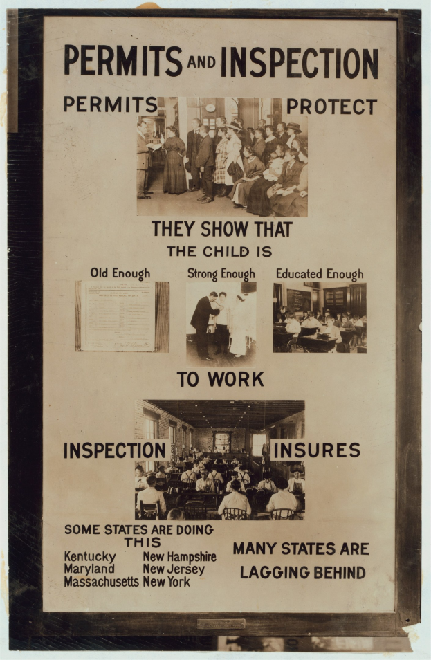 Plakat mit dem Titel "Genehmigungen und Inspektion" mit verschiedenen Bildern von Menschen neben dem Text.