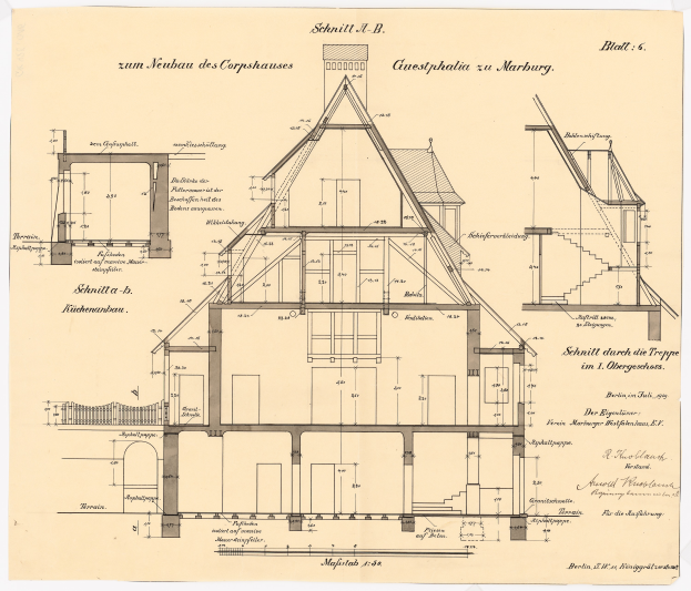 Ein detailliertes Drawing eines Hauses mit zahlreichen Fenstern und einem Dach, begleitet von Plänen und Text, das als das erste Haus in Deutschland gilt.