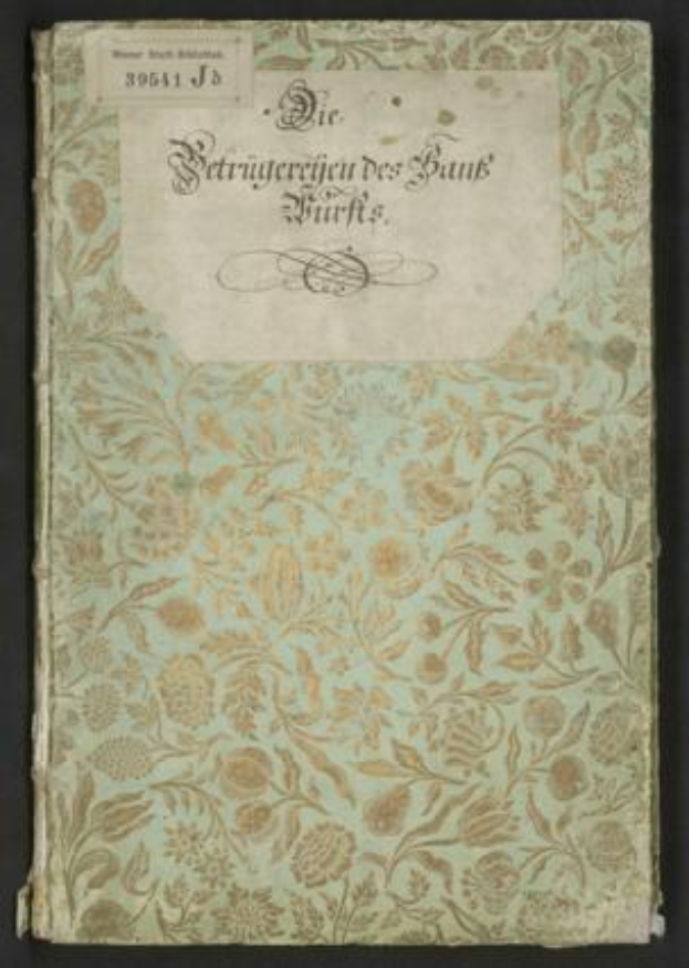 Ein altes Buch mit einem floralen Design auf dem Cover, betitelt mit "Die Betrugereierten der Bank fürs" vor schwarzem Hintergrund.