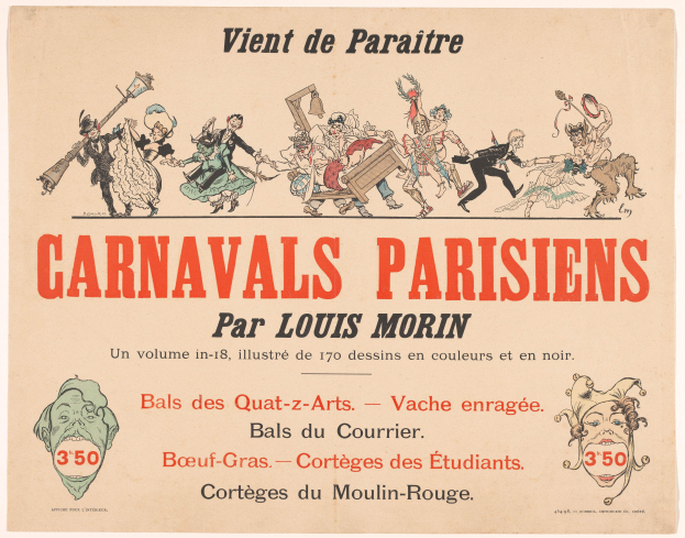 Ein Blatt mit dem Text "Carnivals Parisiens par Louis Morin" in fetter Schrift, geschmückt mit leuchtenden Farben und detaillierten Designs, die eine lebendige KarnevalsSzene mit Menschen in farbenfrohen Kostümen und Masken zeigen.