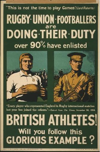 Reclutement poster of the British Army featuring two rugby union players in uniform, with text highlighting over 90% of British athletes enlisted.