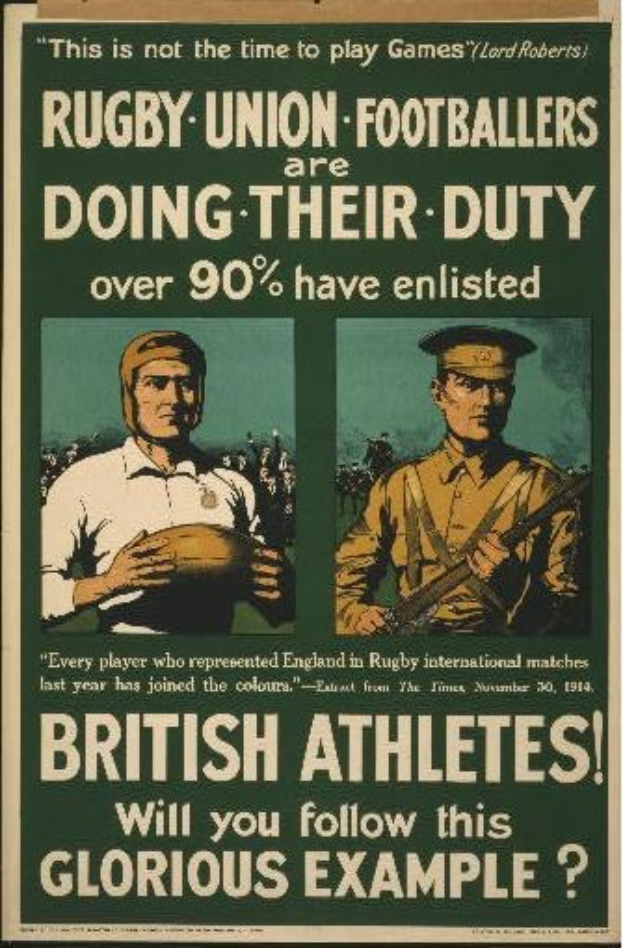 Reclutement poster of the British Army featuring two rugby union players in uniform, with text highlighting over 90% of British athletes enlisted.