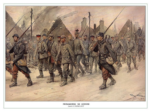 Ein Gemälde, das eine Gruppe von Männern zeigt, die eine Straße entlanggehen, einige mit Waffen in der Hand, mit Pfählen und Gebäuden im Hintergrund und dem Text "Prisoniers de Guerre" unten.