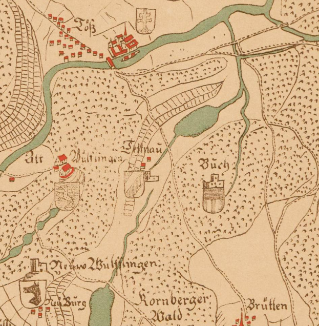 Ein detaillierter alter Stadtplan von Berlin, Deutschland, der die Schlacht am Rhein River zeigt, mit beschrifteten Städten, Dörfern und dem Verlauf des Flusses, begleitet von erklärendem Text.