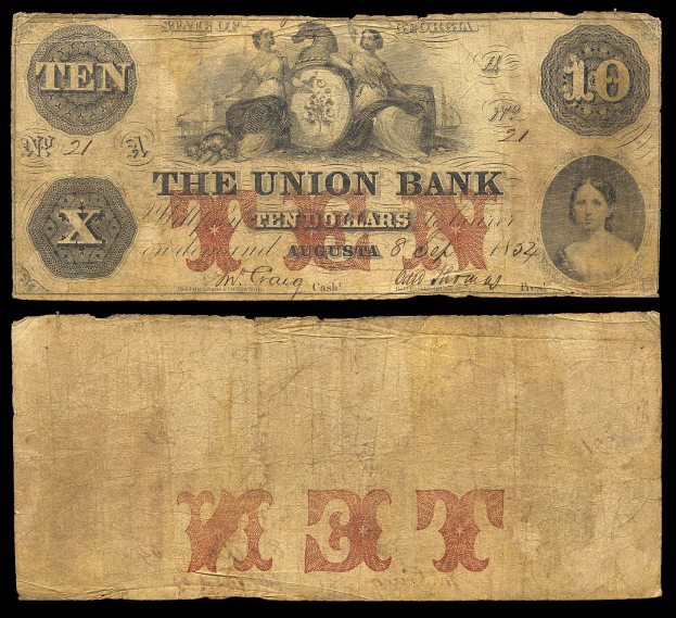 Alter Zehn-Dollar-Schein der Union Bank, 1862, mit einer Frau in einem Kleid mit einem Dutt, ernster Gesichtsausdruck, auf einem schwarzen Hintergrund mit "Union Bank" in weißer Schrift.
