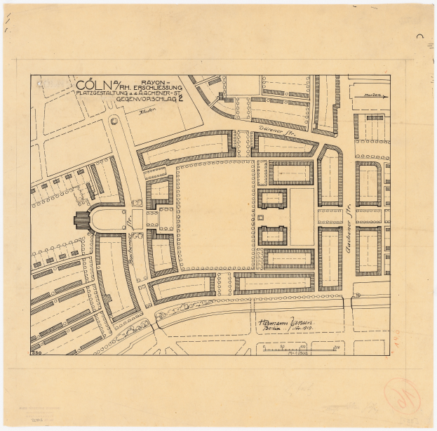 Ein altes Stadtplan von Köln, Deutschland, das die Gebäudeanlage zeigt, mit begleitendem Text.