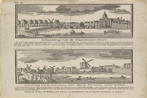 Ein altes Buchblatt mit einer Stadtansicht-Illustration, die Gebäude, Bäume, Menschen, Boote und Windmühlen zeigt, begleitet von beschreibendem Text.