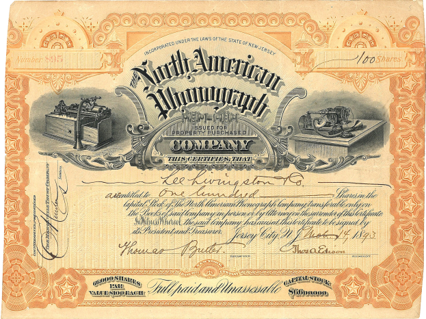 Ein altes Aktienzertifikat der North American Automobile Company mit dekorativem Text und Bildern im klassischen Design.