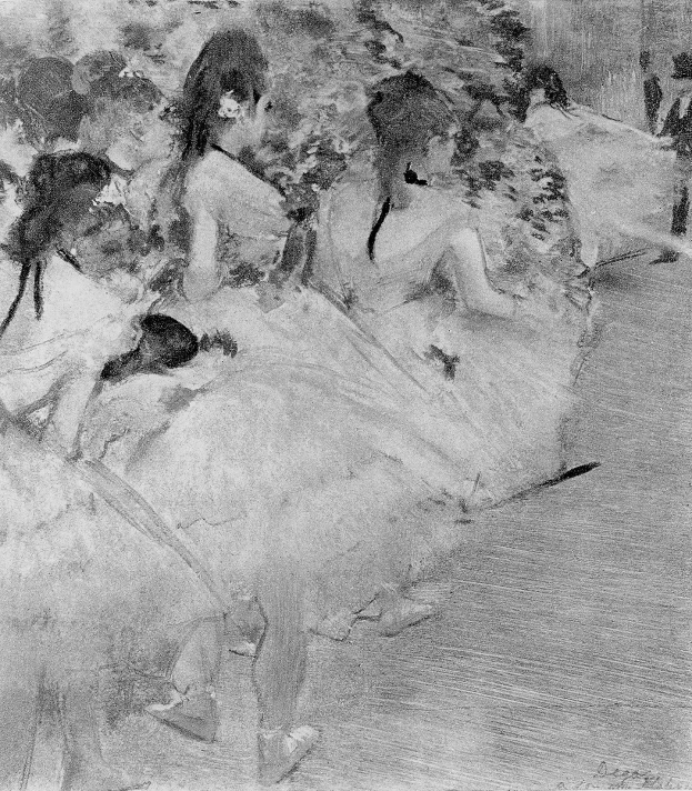 Eine Schwarz-Weiß-Zeichnung einer Gruppe von Tänzern in einem Studio, einer in der Mitte, die bunte Tutus und Spitzenschuhe tragen, mit unscharfem Hintergrund und Text unten.