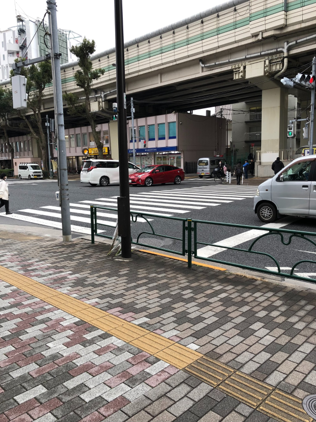 Stadtstraße mit Fahrzeugen, Fußgängern an einer Ampel, Verkehrszeichen, einer Brücke, Bäumen, Gebäuden und einem klaren blauen Himmel.