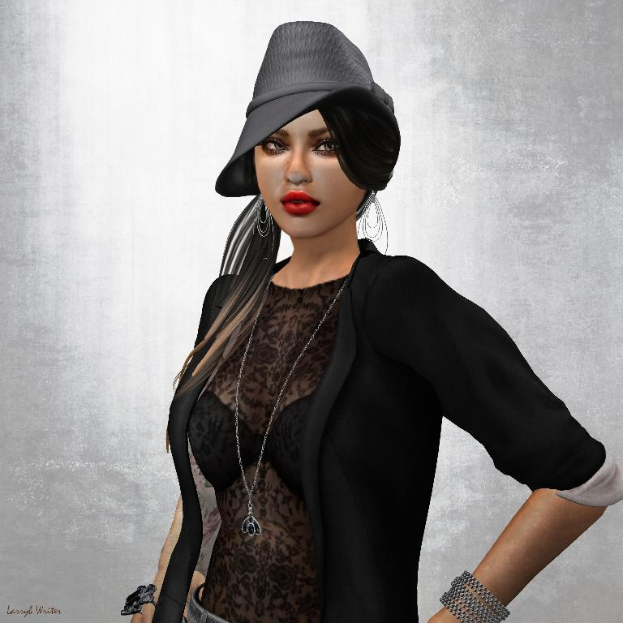 Eine Frau in einem schwarzen Kleid und Hut steht in der Mitte eines weißen Hintergrunds in einem animierten Bild.