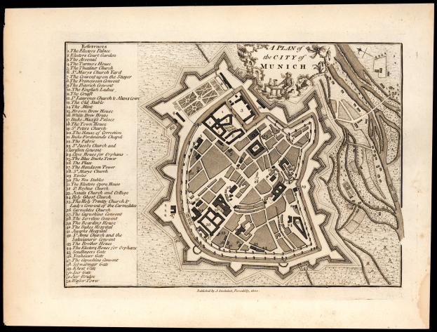 Detailiertes altes Stadtplan von München, Deutschland, auf schwarzem Hintergrund, der Straßen, Gebäude und Sehenswürdigkeiten mit beschriftetem Text zeigt.