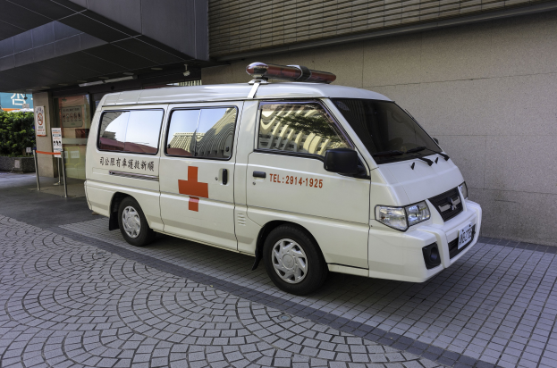 Ambulanz vor einem Gebäude mit einer Tafel geparkt, umgeben von Bäumen und Pflanzen.