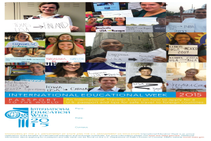 Plakat zur Internationalen Bildungswoche 2015 mit einer Gruppe strahlender Menschen mit Schildern und Text mit Informationen zum Event.