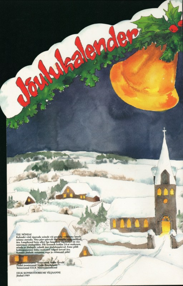 Weihnachtskartenwerbung mit einer schneebedeckten Kirche, Häusern, einer Glocke an einem Zweig und dem Text 'Joulukalender'.