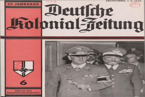 Ein Buch mit dem Titel "Deutsches Kolonial-Feitung" aus dem Jahr 11/1940, das ein Bild von Adolf Hitler auf dem Cover zeigt, umgeben von einer Gruppe von Menschen mit Mützen.