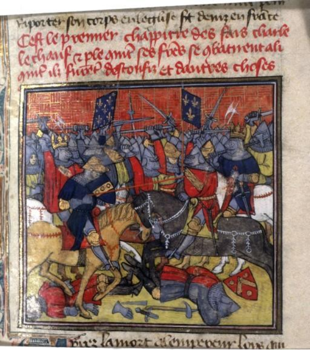 Ein illuminiertes Manuskript, das die Schlacht von Waterloo zeigt, mit Männern zu Pferd, die Schwerter und Schilde schwingen, umgeben von leuchtenden Farben und detaillierten Verzierungen, mit Text in eleganter Schrift.