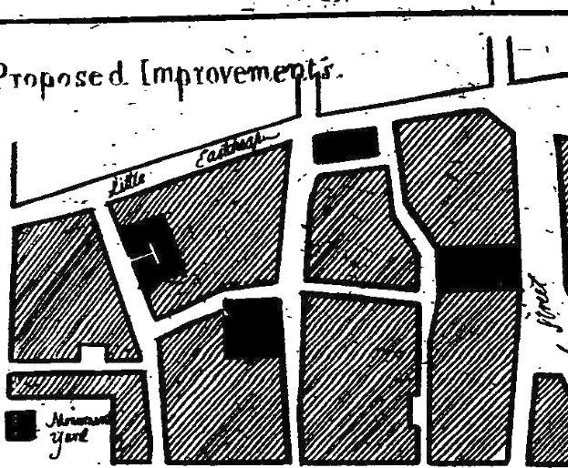 Schwarze und weiße Stadtkarte mit "Vorgeschlagenen Verbesserungen" darauf, die Straßen, Gebäude und Sehenswürdigkeiten zeigt.