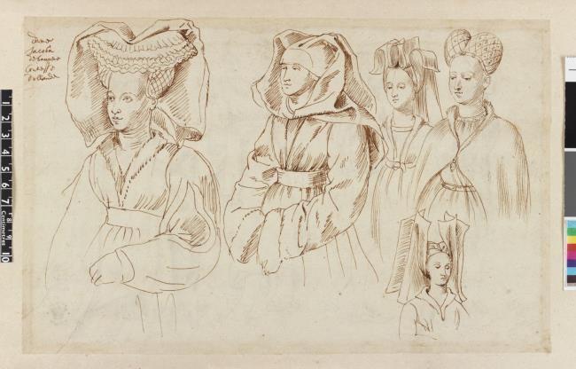 Eine detaillierte, realistische Zeichnung von drei Frauen in Kleidern und Hüten mit leuchtenden Farben, einer Skala und einem Farbpaletten auf dem Papier.