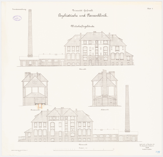 Eine Zeichnung eines mehrfenstrigen Gebäudes mit einem Schornstein, das für ein Psychiatriekrankenhaus in Deutschland gehalten wird, begleitet von beschreibendem Text.
