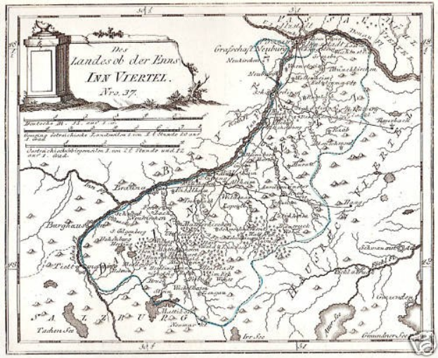 Detailierte Karte des Rheins in Deutschland mit beschrifteten Sehenswürdigkeiten, Städten und geografischen Merkmalen, begleitet von Text und einem Bild einer Säule.