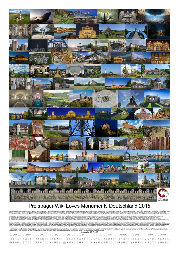Ein 2015-Kalender mit einer Collage deutscher Denkmäler und der Aufschrift "Preisträger Wiki Loves Monuments Deutschland 2015".