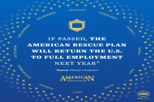 Ein blaues Plakat mit Text und einem Logo, auf dem steht: "Wenn verabschiedet, wird das American Rescue Plan die USA im nächsten Jahr wieder zur Vollbeschäftigung führen."