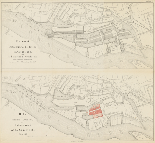 Eine alte Karte von Hamburg, Deutschland, mit einem roten Quadrat in der Mitte und begleitendem Text.