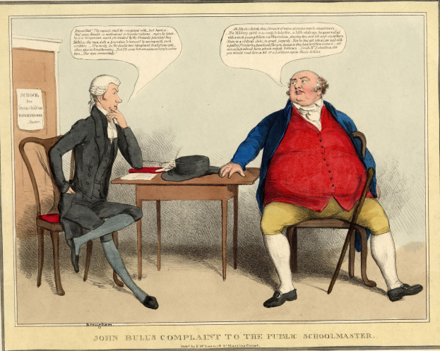 John Bull sitzt einem sitzenden Schuldirektor gegenüber an einem Tisch mit Hut und Papieren, während im Hintergrund eine Tür und ein wandmontierter Zettel zu sehen sind.