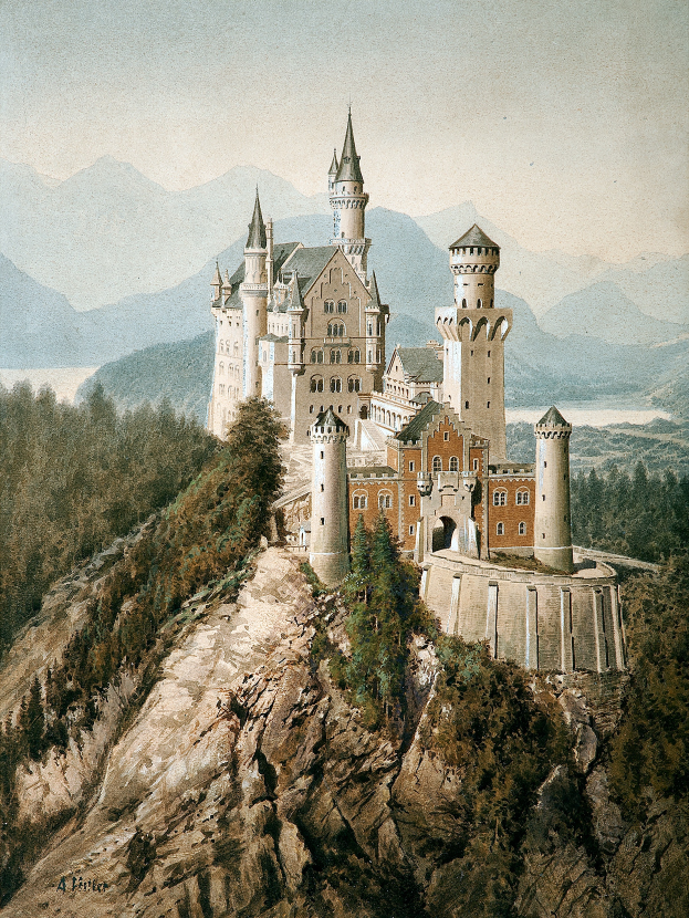 Die Neuschwanstein Burg, gemalt von Albert Bierstadt, thront majestätisch auf einem Hügel, umgeben von saftig grünen Bäumen und sanften Hügeln unter einem strahlend blauen Himmel.
