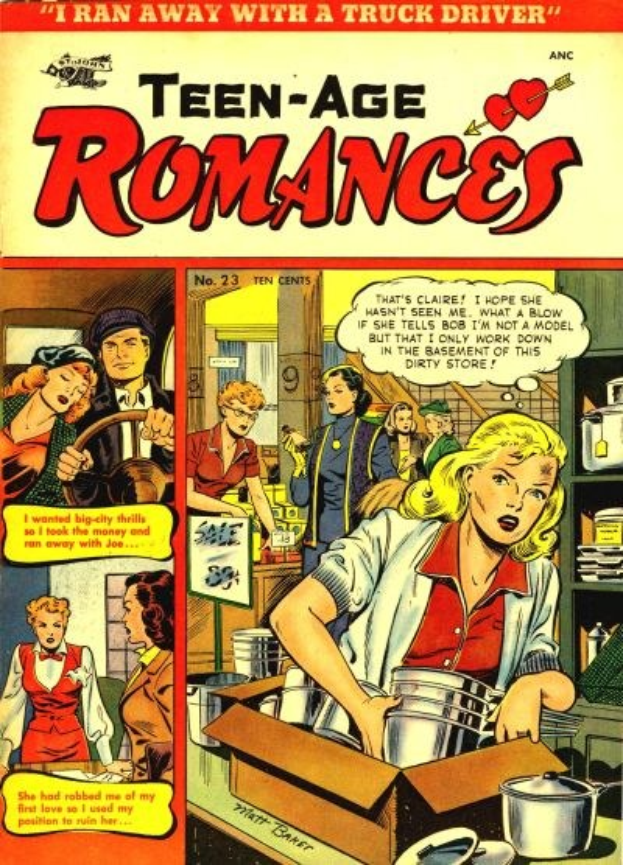 Ein leuchtendes DC-Comics-Plakat namens 'Teen-Age Romances 23-A', das eine Gruppe von Menschen in einer fröhlichen, romantischen Umarmung zeigt, mit fetter Schrift und leuchtenden Farben.