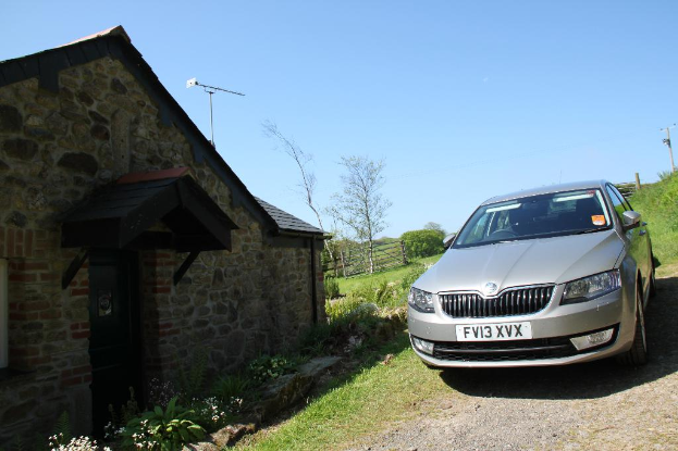 Eine Szene mit einem Haus, einem Zaun und verschiedenen Pflanzen und Bäumen links und einem Auto, einem Strommast und weiterer Vegetation rechts unter einem sonnigen Himmel.
