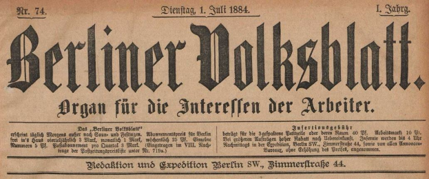 Altes deutsches Volksblatt "Berliner Volksblatt" von 1884, gelb und mit schwarzer Tinte bedruckt.