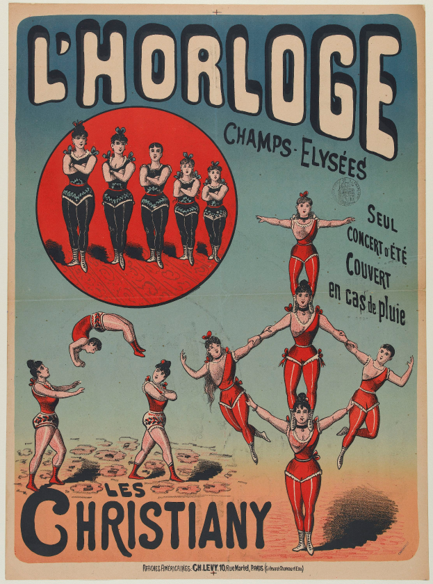Ein Zirkusposter mit einer Gruppe in bunten Kostümen, mit 'L'Horloge Champs Elysees - Les Christian' obenauf.